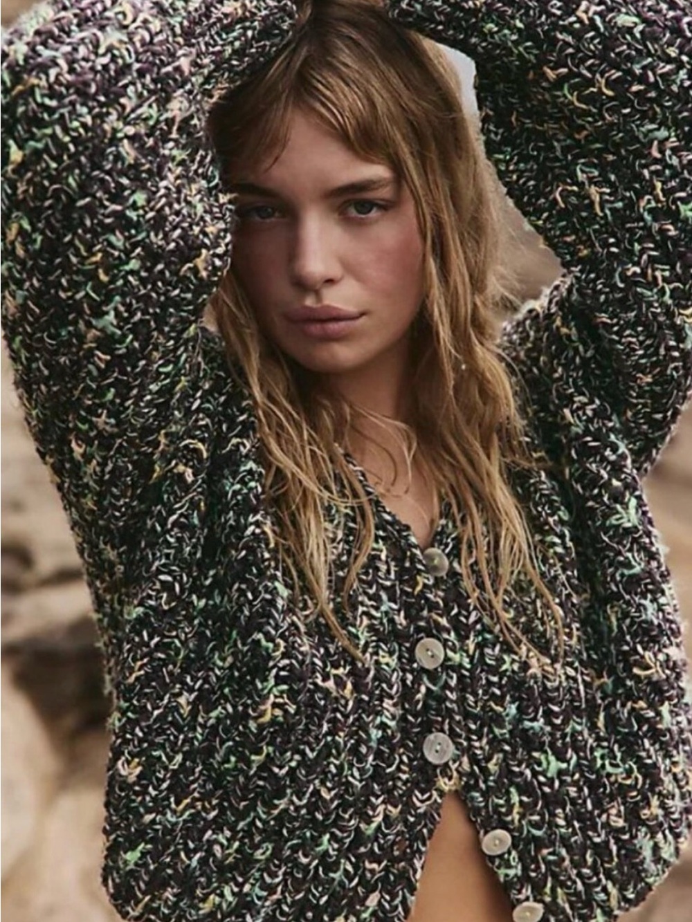 Free People Multicolor Chunky Knit Button Cardigan in Black, Cream & Green